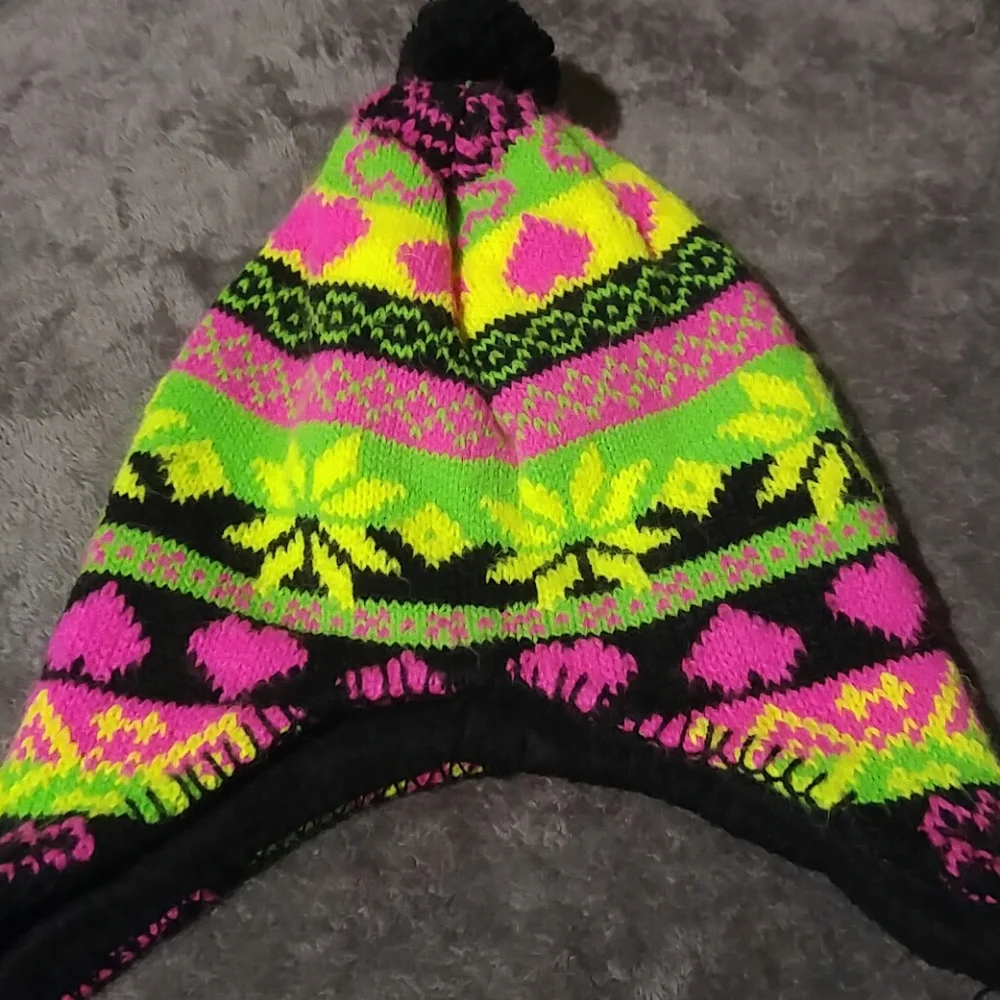 Neon Knit Trapper Hat With Black Pom And Braids - Picture 2 of 4